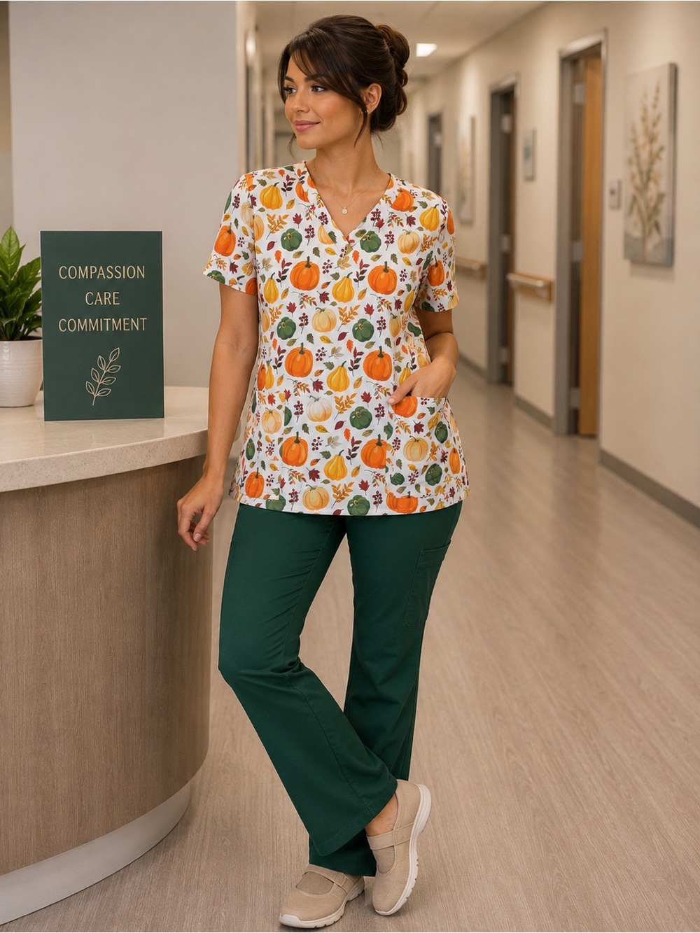NWT eliteMed Performance Harvest Pumpkin Fall Scrub Top Size S